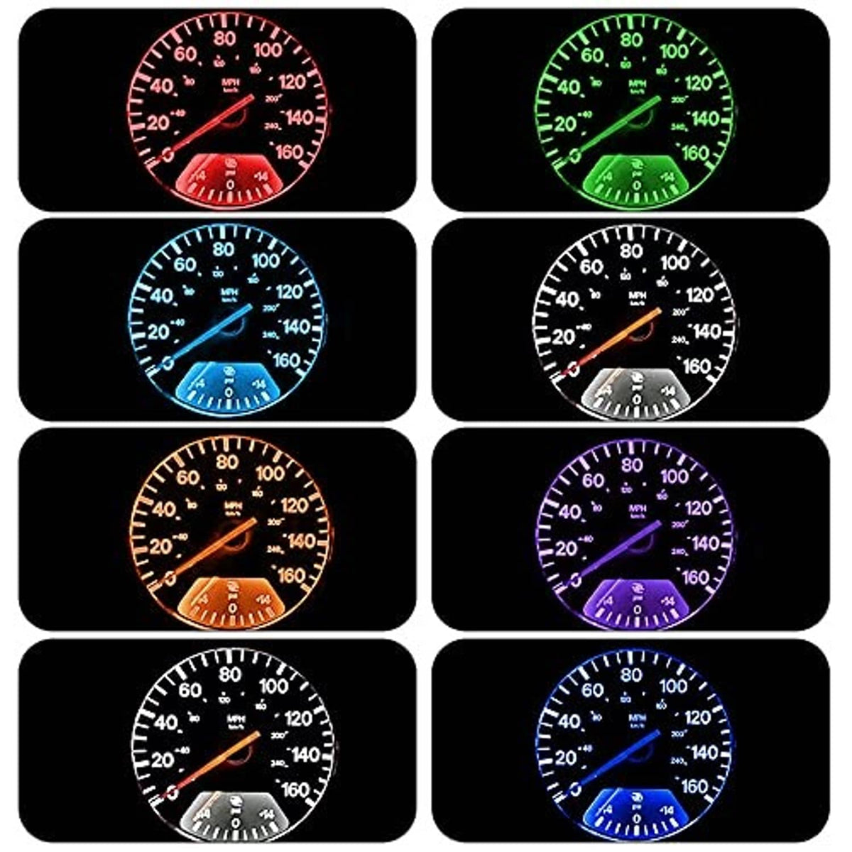 Car gauge lights in multiple colors: red, green, blue, orange, purple tones