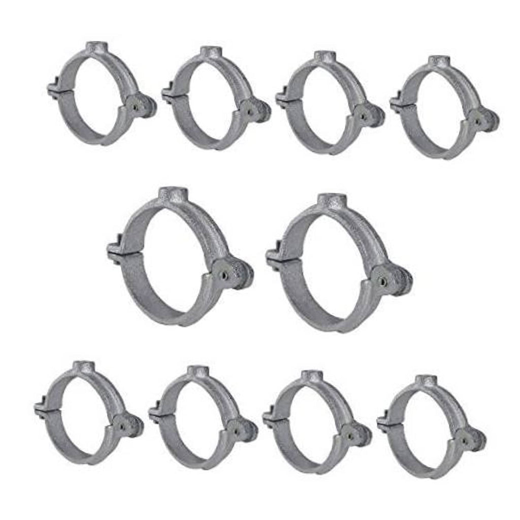 Gray hinged split ring pipe hangers with latch and mounting hardware (10 pack)