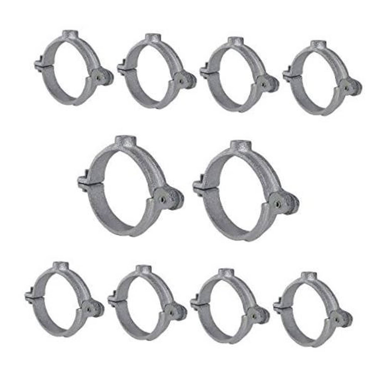 Gray hinged split ring pipe hangers with latch and mounting hardware (10 pack)