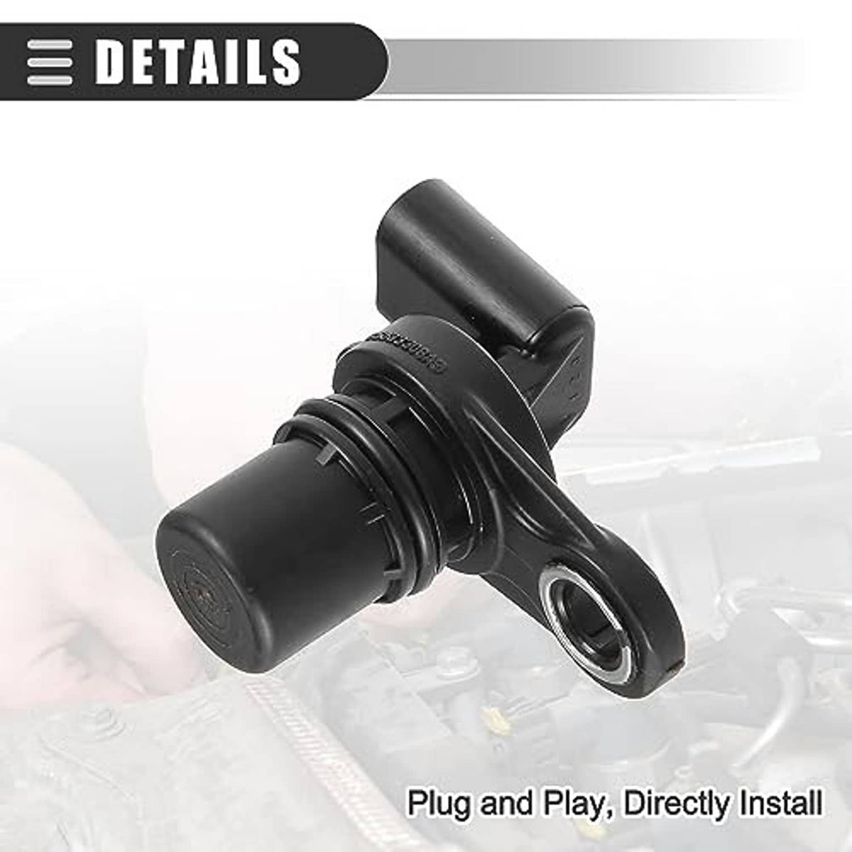 Black camshaft position sensor with mounting bracket and electrical connector