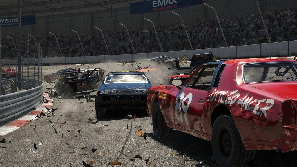 Red and white pickup cars wrecking inside a stadium track with sparks and debris