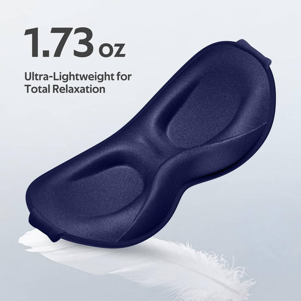 Lightweight blue sleep mask with slim padded center eye panel and soft texture