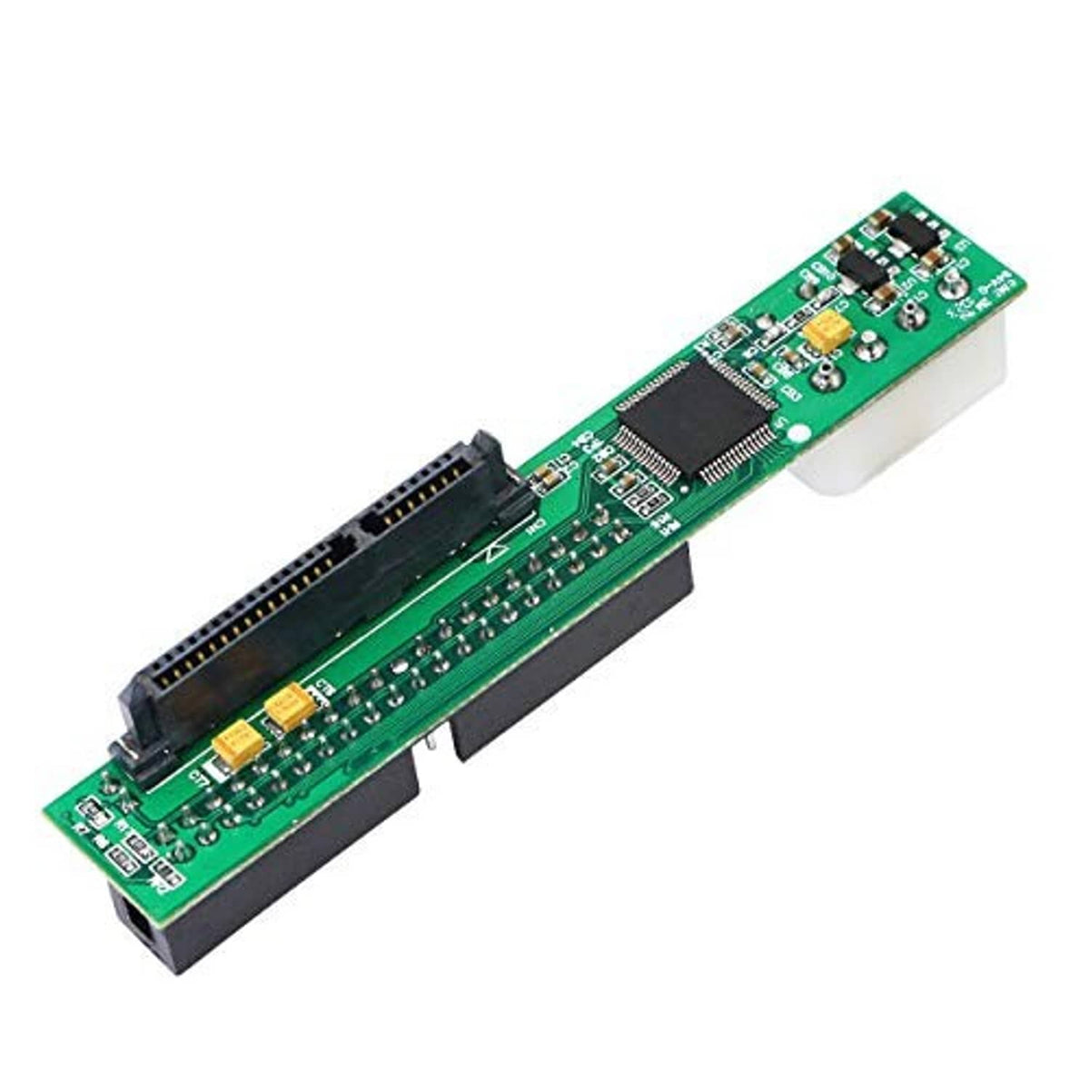 SATA to 40-pin IDE adapter PCB with white SATA plug and exposed components