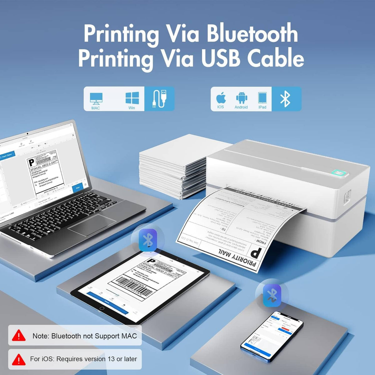 White thermal label printer with printed 4x6 shipping labels for Bluetooth or USB use