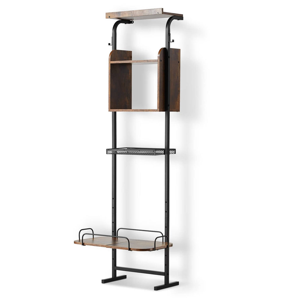Dog feeding station stand with two storage shelves and raised two-bowl tray, black metal frame