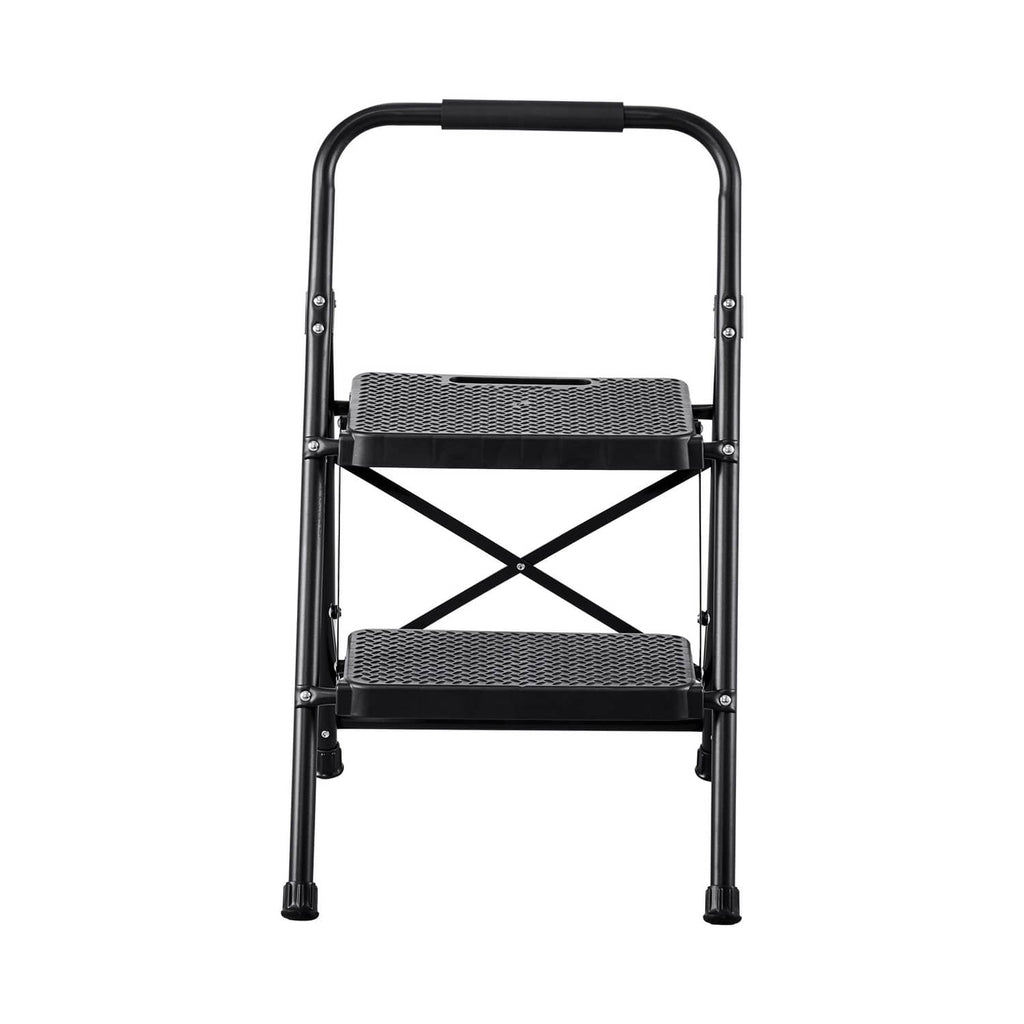 2-step folding ladder with two textured platforms and top handrail, front view
