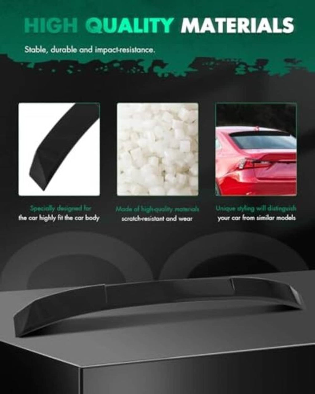 Black ABS rear window roof spoiler shown with underside and edge profile