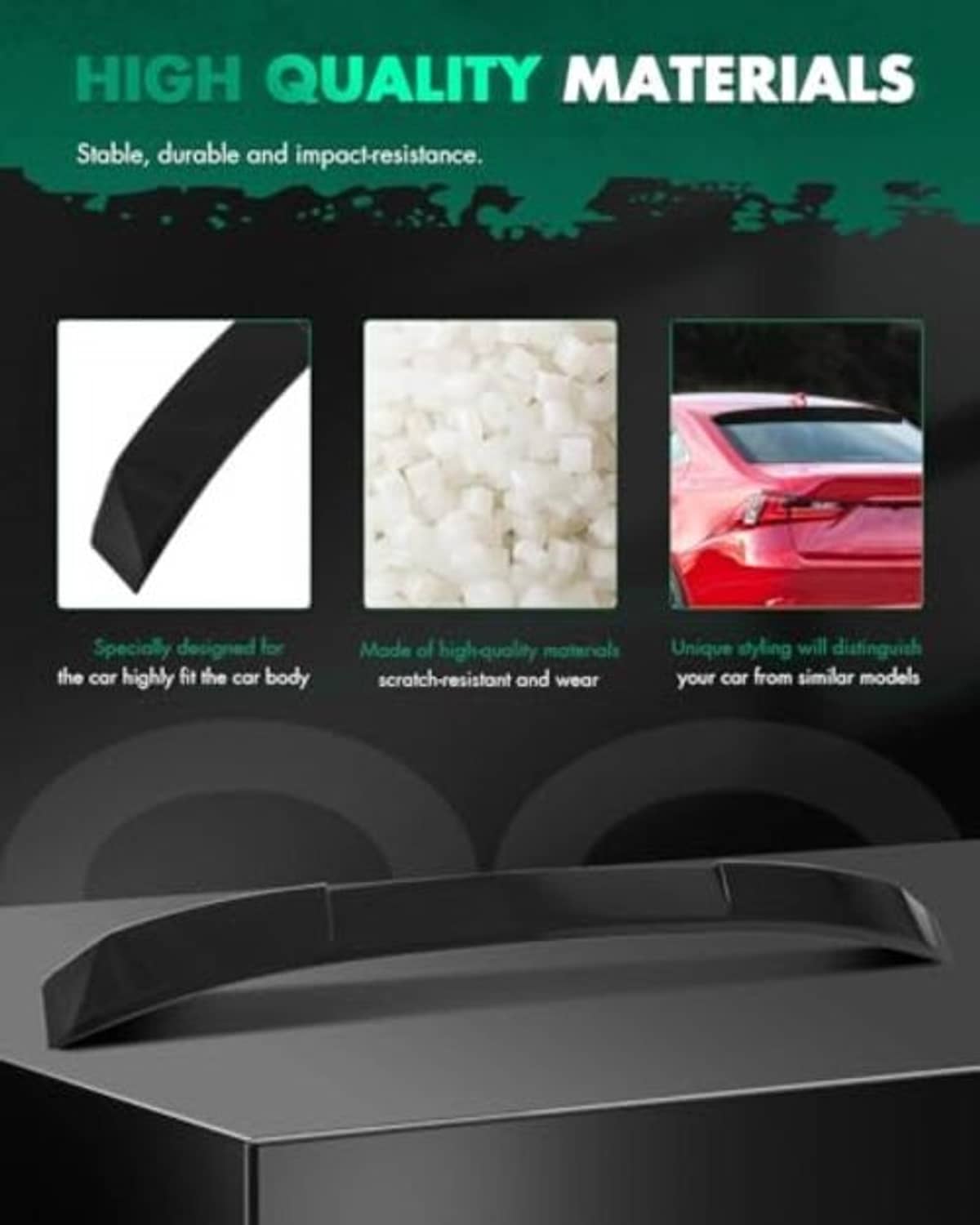Black ABS rear window roof spoiler shown with underside and edge profile