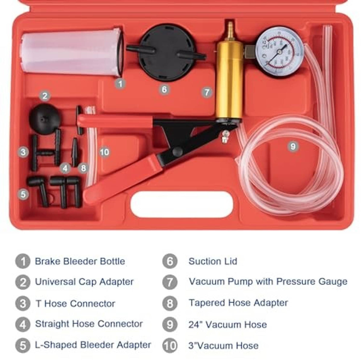 Brake bleeder vacuum pump kit tray with pressure gauge, vacuum pump, and hose adapters