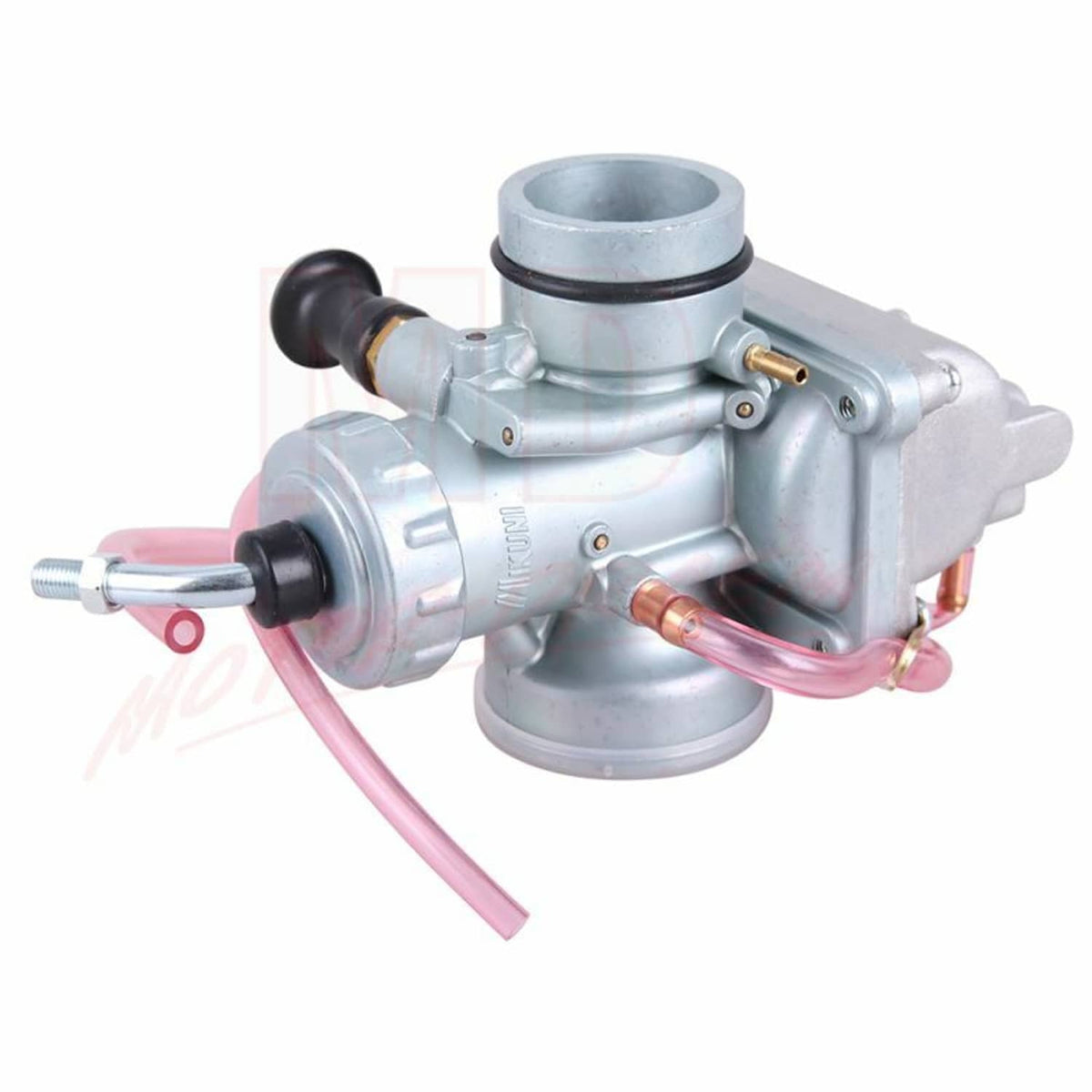 Silver carburetor with black caps and pink fuel line hoses, angled close-up