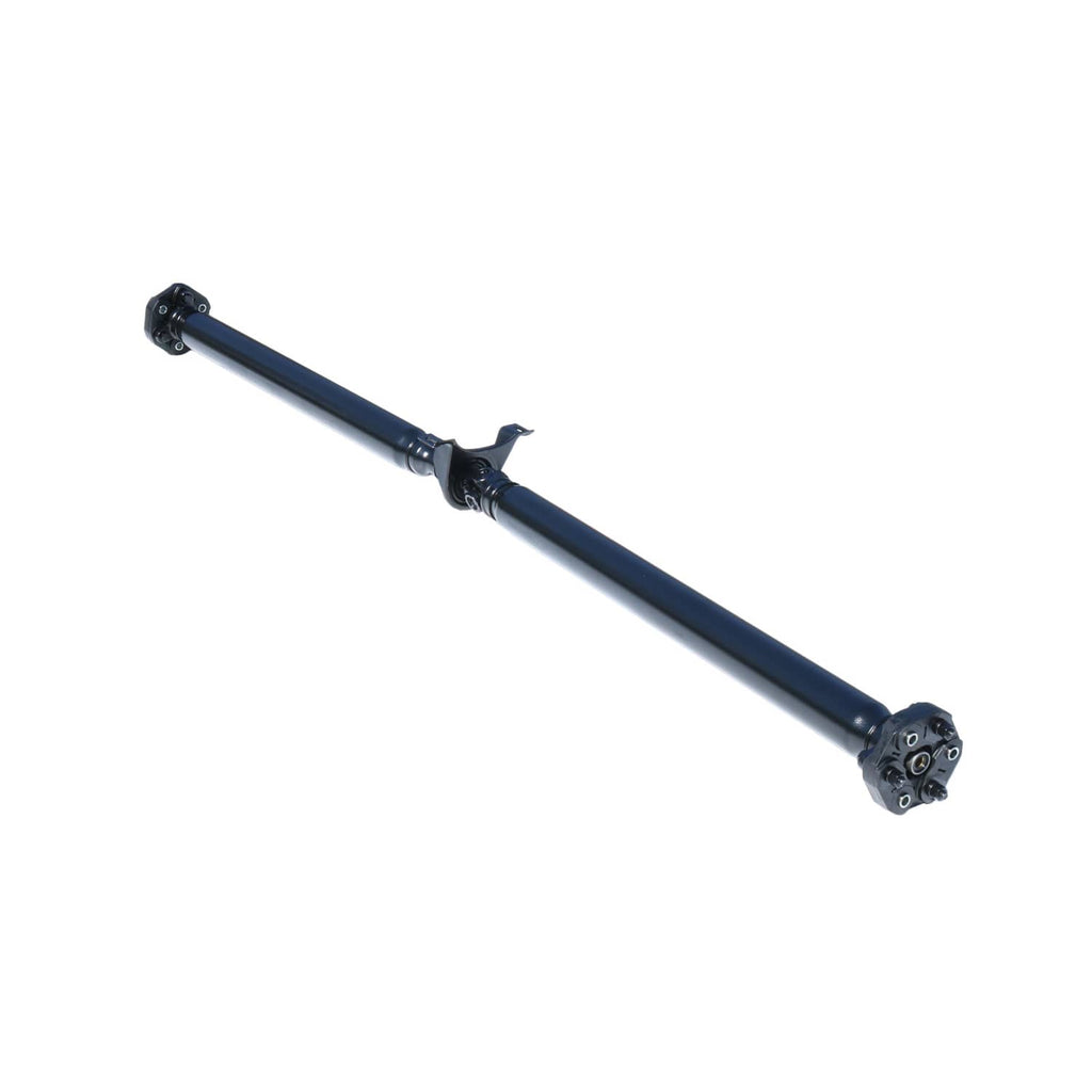 Rear drive shaft assembly with yokes at both ends and central joint on dark blue tube