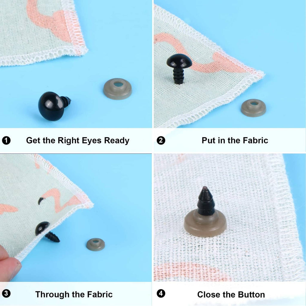 Plastic safety eyes with washer and pin attached to fabric for craft use