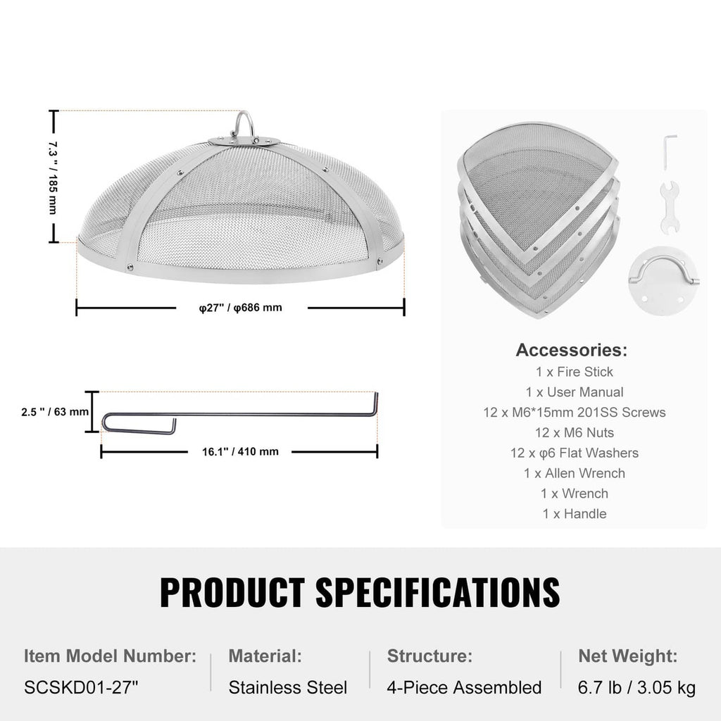 Round spark screen cover with included parts: fire stick, screws, washers, handle