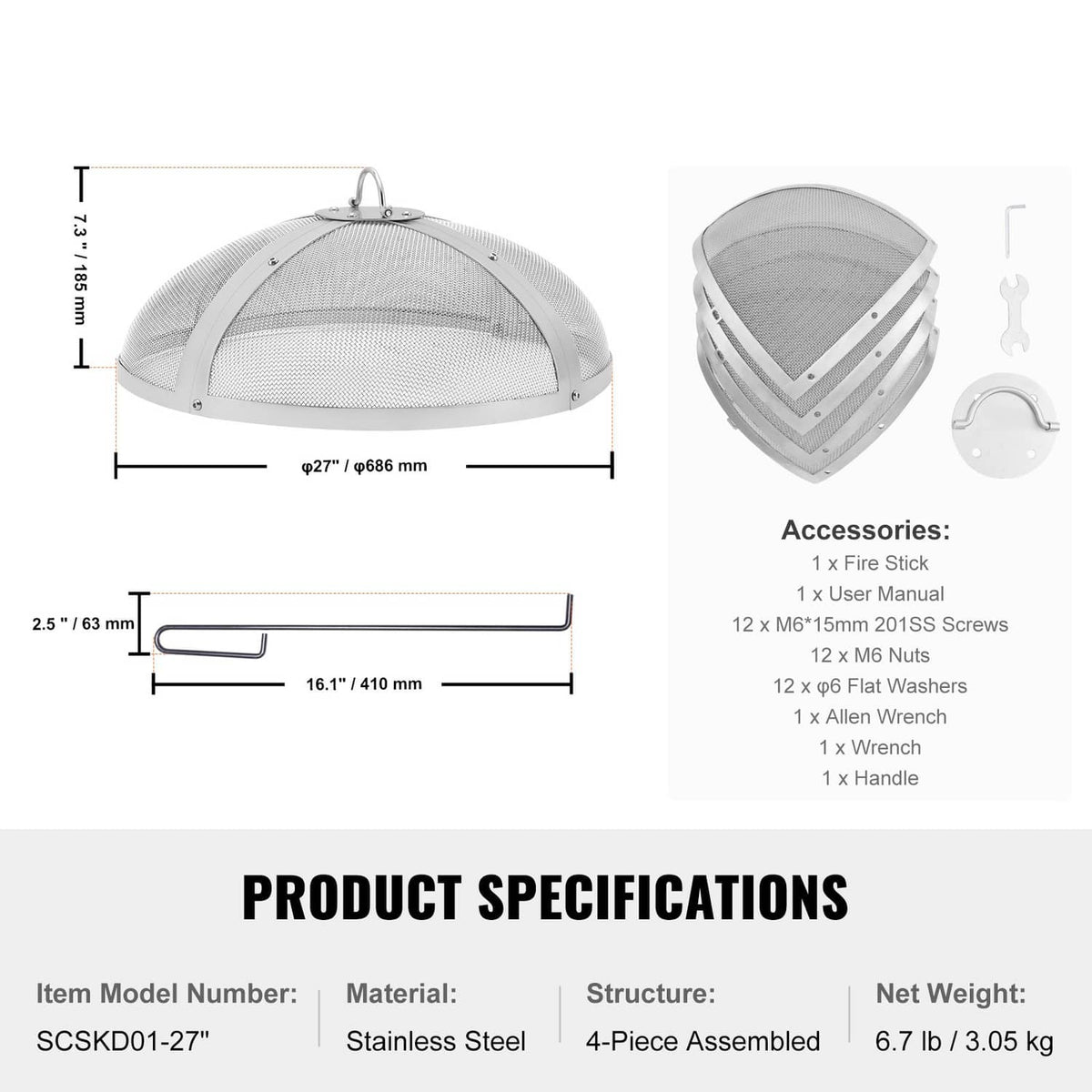 Round spark screen cover with included parts: fire stick, screws, washers, handle