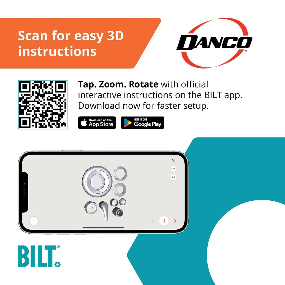 BILT app instruction graphic with QR code for Danco trim kit setup