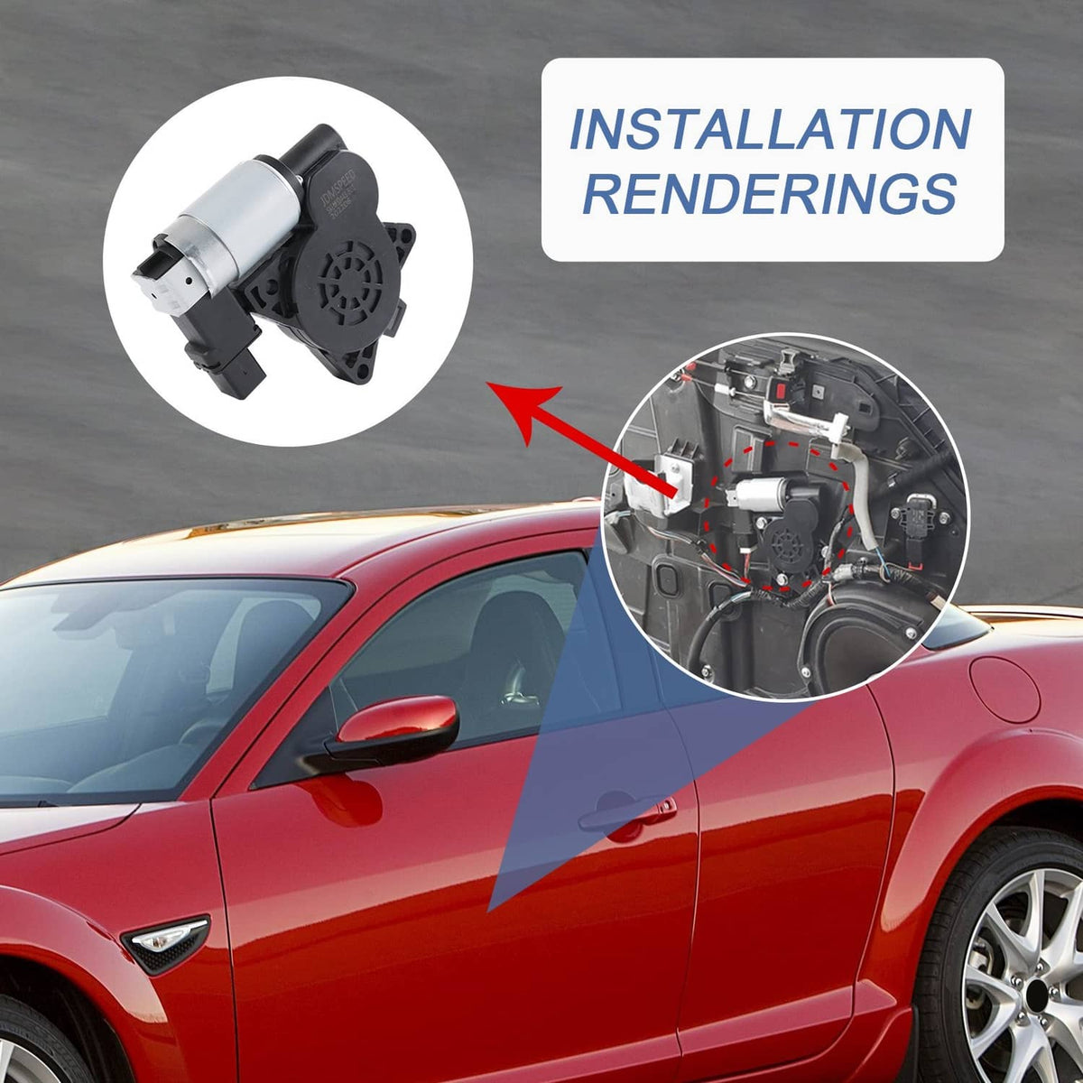 Power window lift motor for door installation, showing black housing and silver actuator