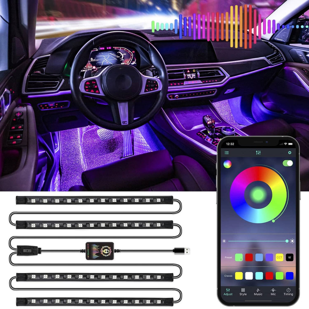 RGB LED interior light kit, USB-powered slim strips with app color control