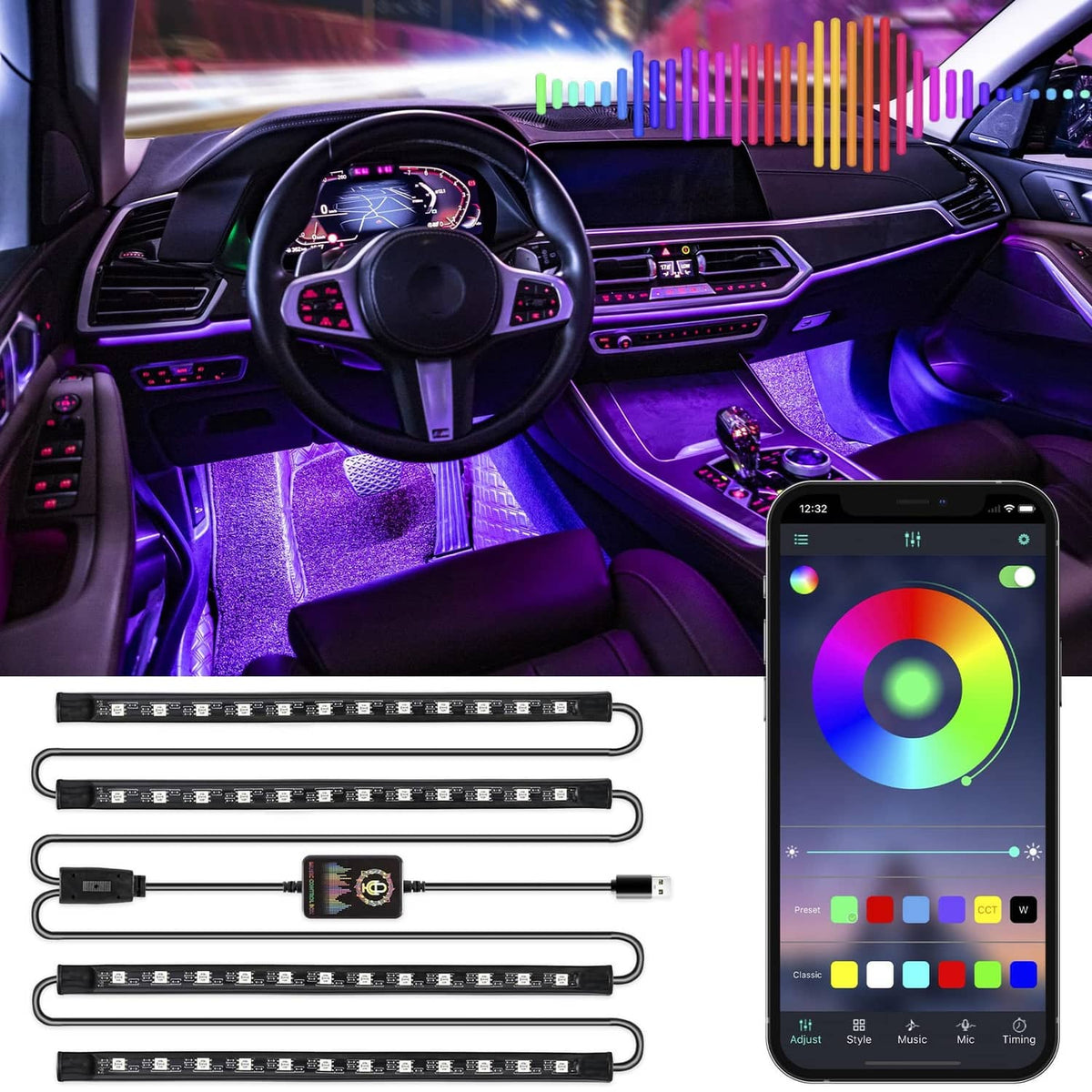 RGB LED interior light kit, USB-powered slim strips with app color control