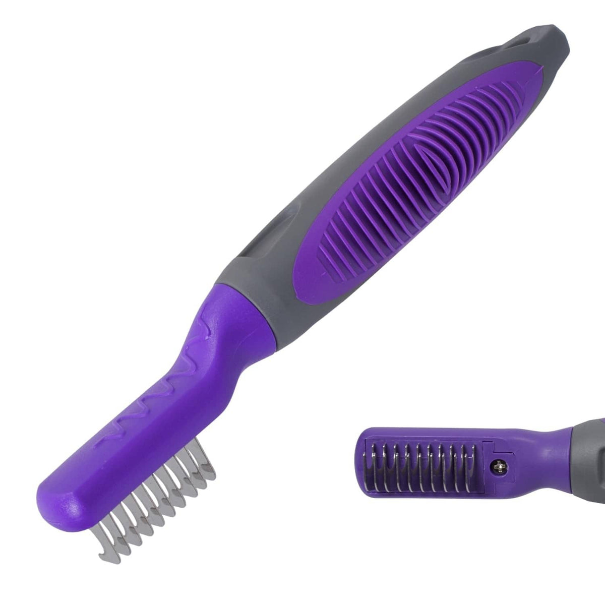 Purple single-sided pet dematting comb tool with gray handle and metal teeth