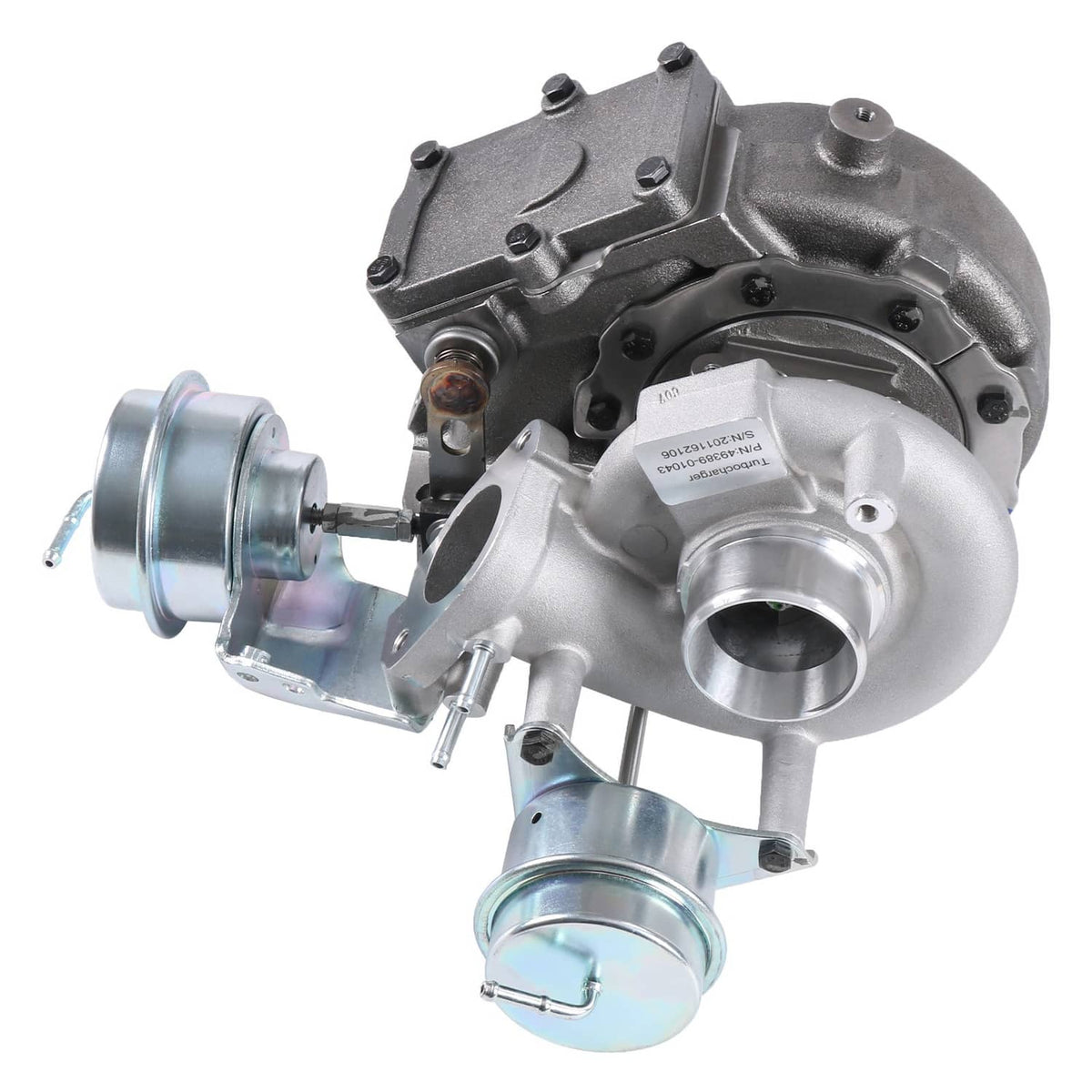 Turbocharger assembly with round compressor outlet and actuator parts, silver finish