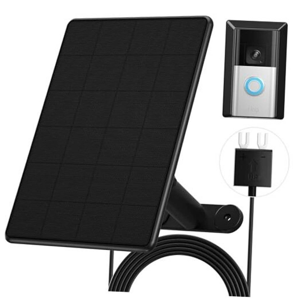 Black solar panel with wall mount and cable for video doorbell charger