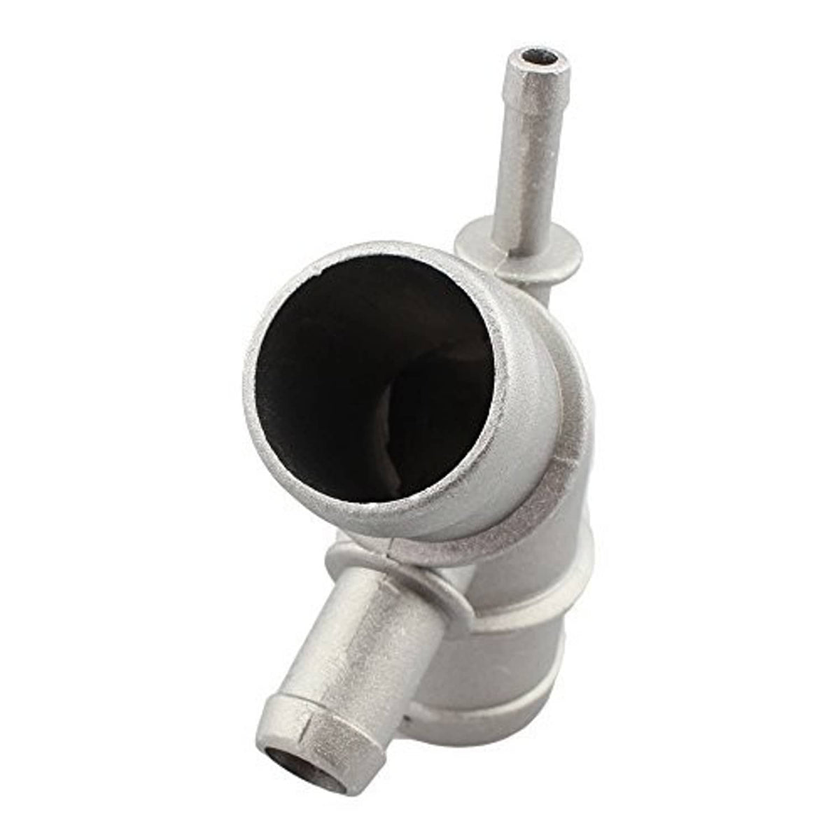 Light gray aluminum coolant pipe connector with vertical neck and large dark outlet bore.
