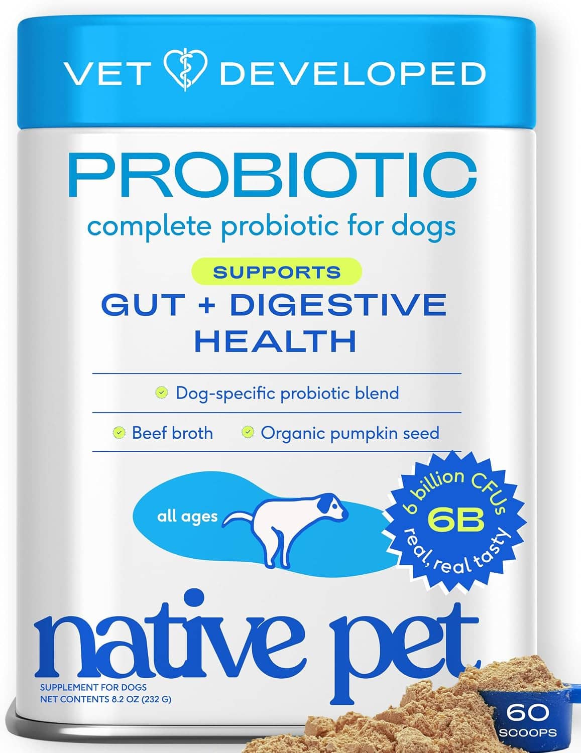 Native Pet dog probiotic powder container with blue cap, 60 scoops