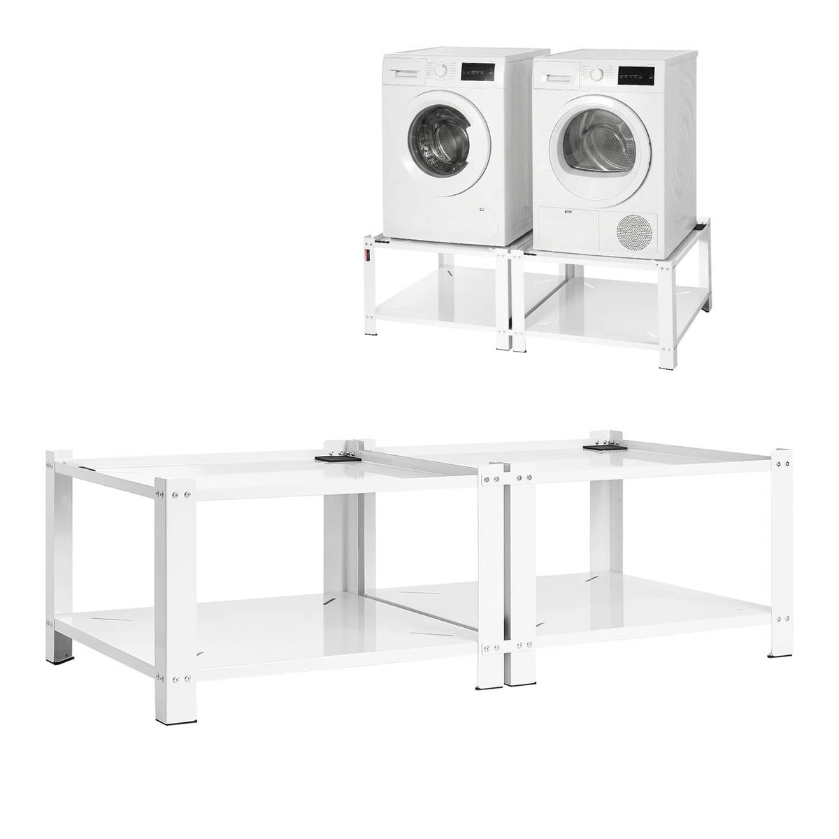 White washer pedestal base with two open storage shelves and raised top