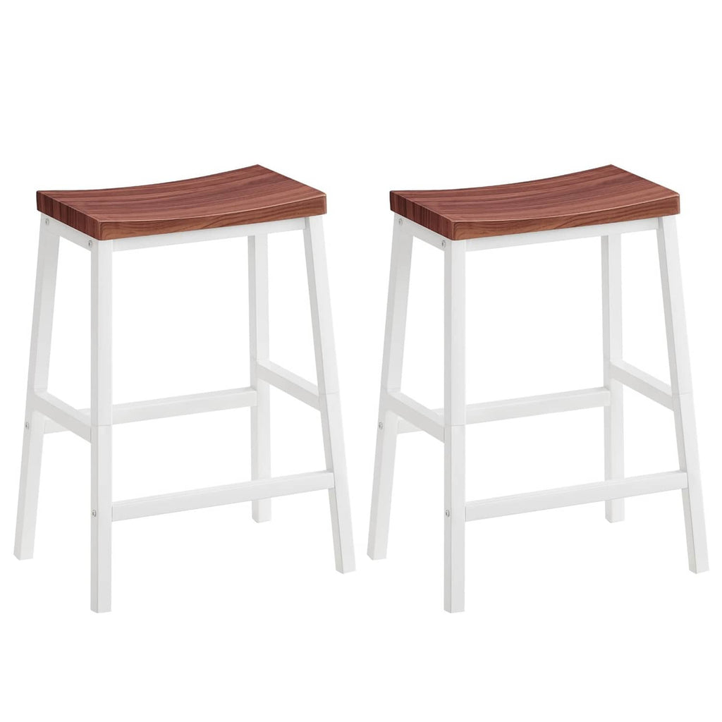 Set of two bar stools with walnut brown seats and white frames, square legs