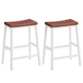 Set of two bar stools with walnut brown seats and white frames, square legs