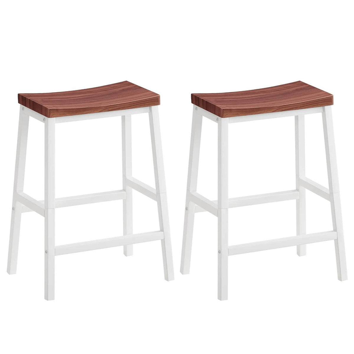 Set of two bar stools with walnut brown seats and white frames, square legs