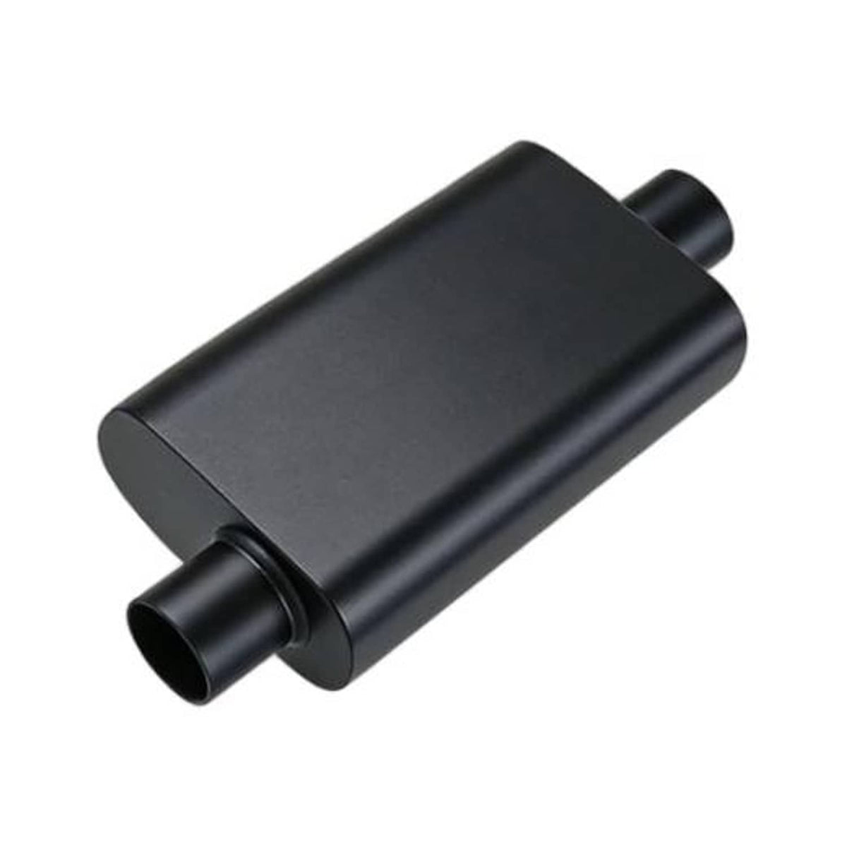 Black performance muffler with cylindrical inlet and outlet ends