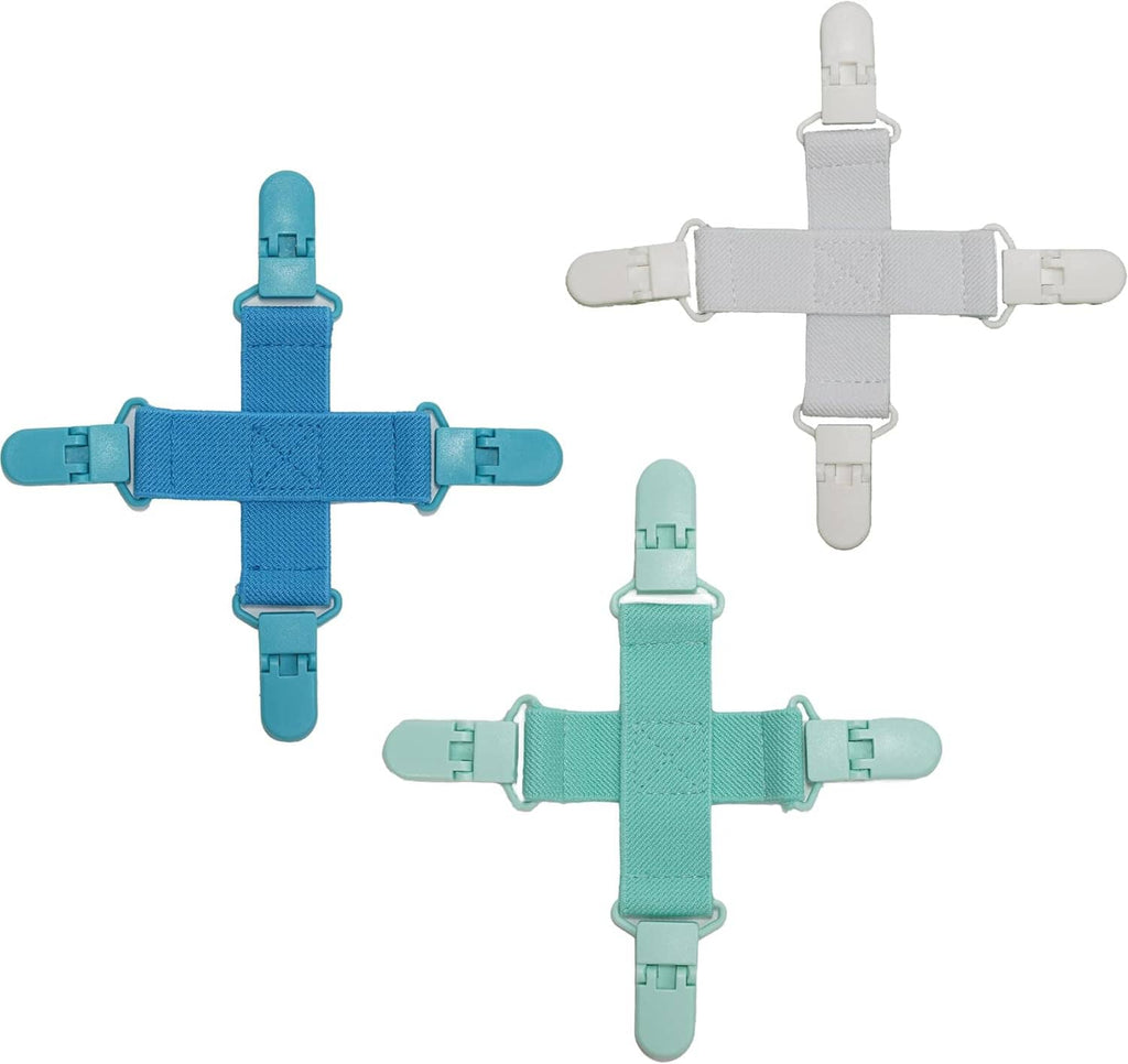 Set of 3 bed sheet detangler clips with cross straps in blue, white, and light green