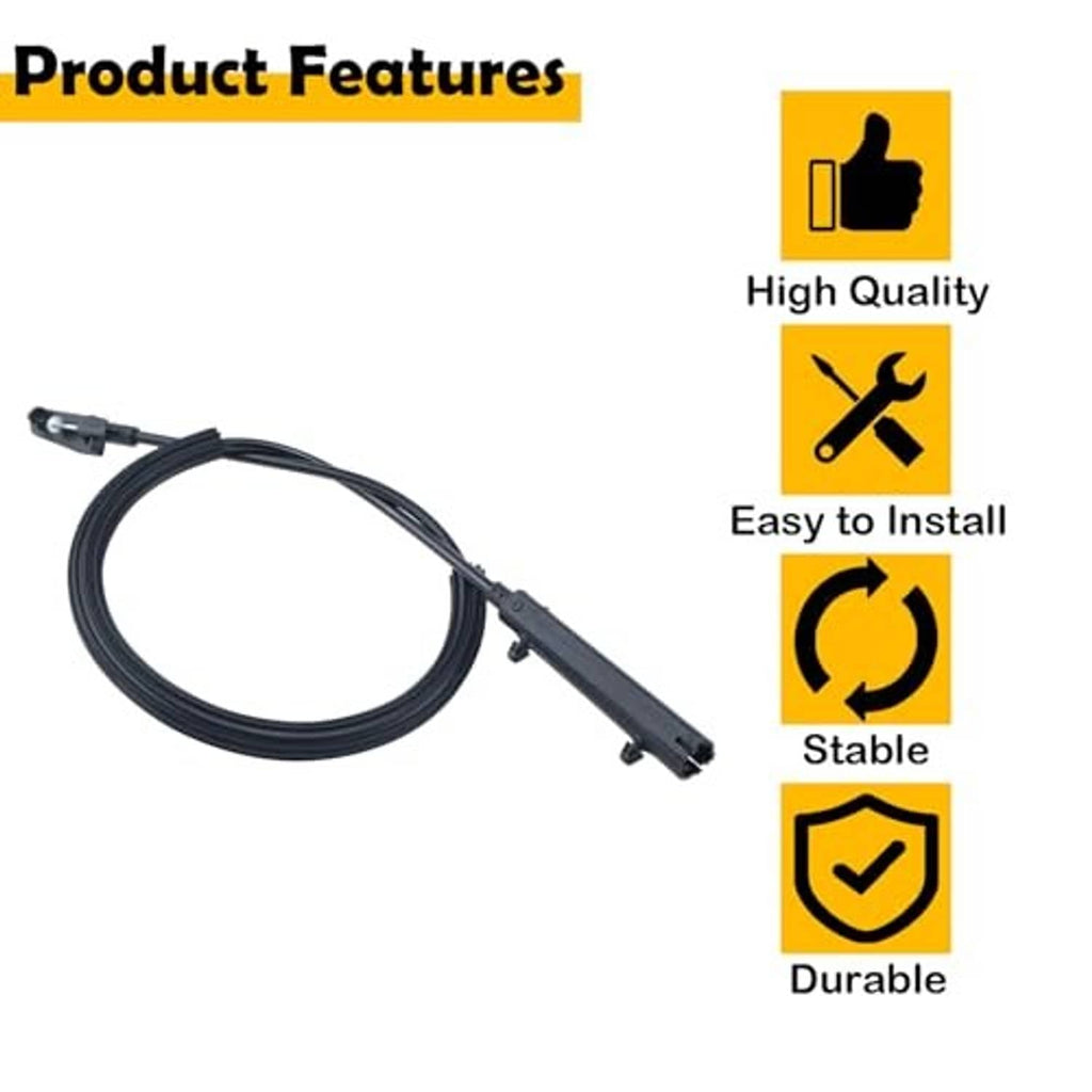 Hood release cable with black wire loop, shown with quality feature icons