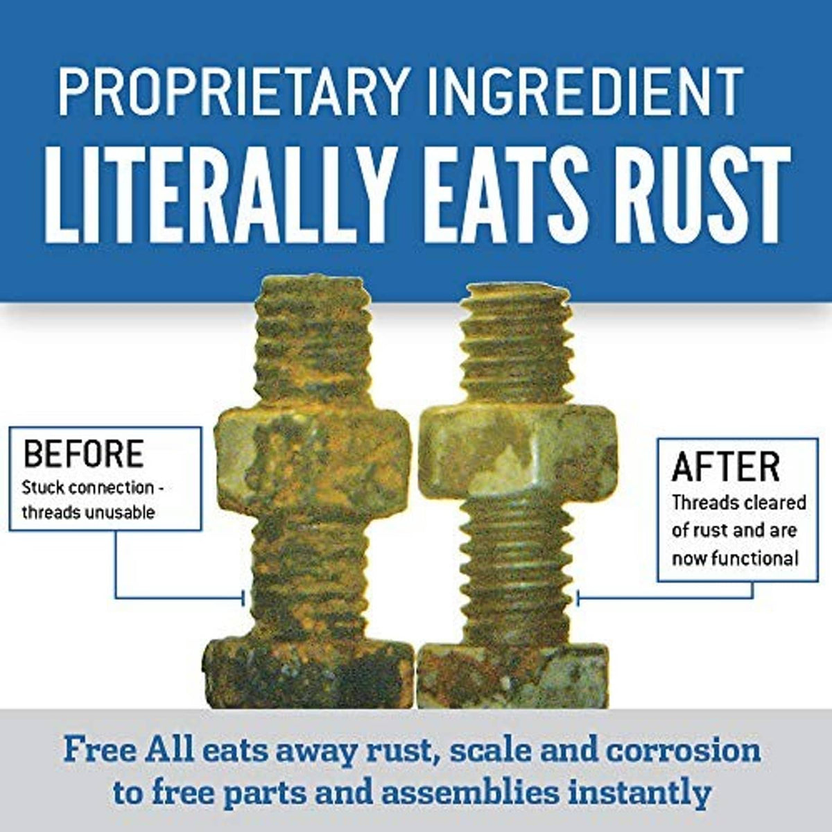 Before-and-after view of rusted threads cleared by penetrating oil