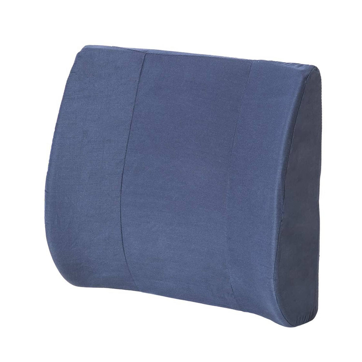 Navy molded lumbar cushion with contoured back support, curved rectangular shape