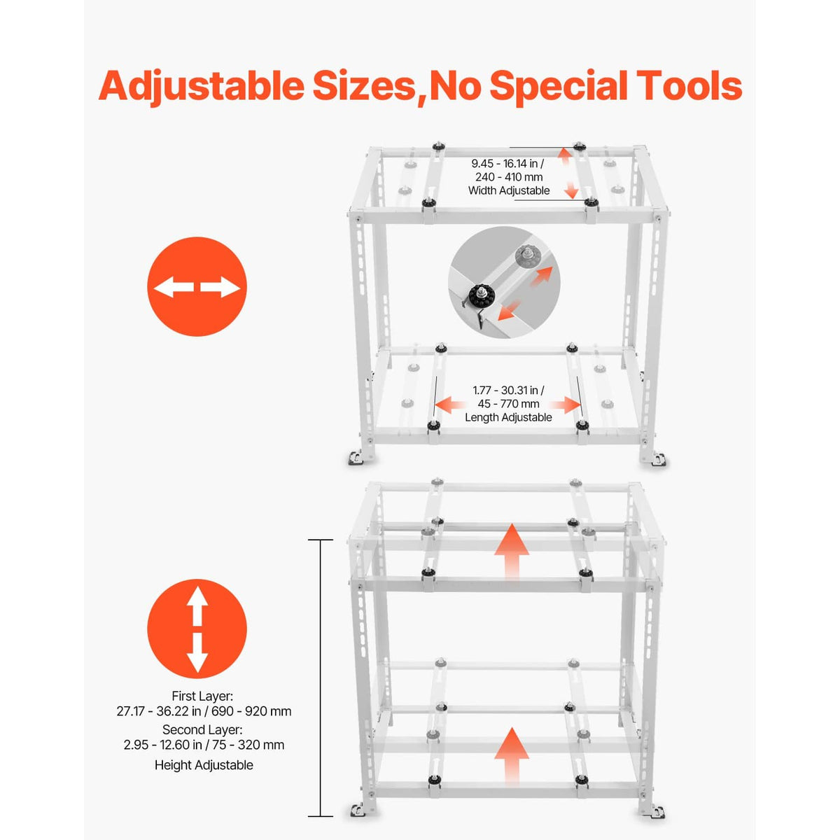 Adjustable dual-level mini split ground stand with screw feet on a white steel frame