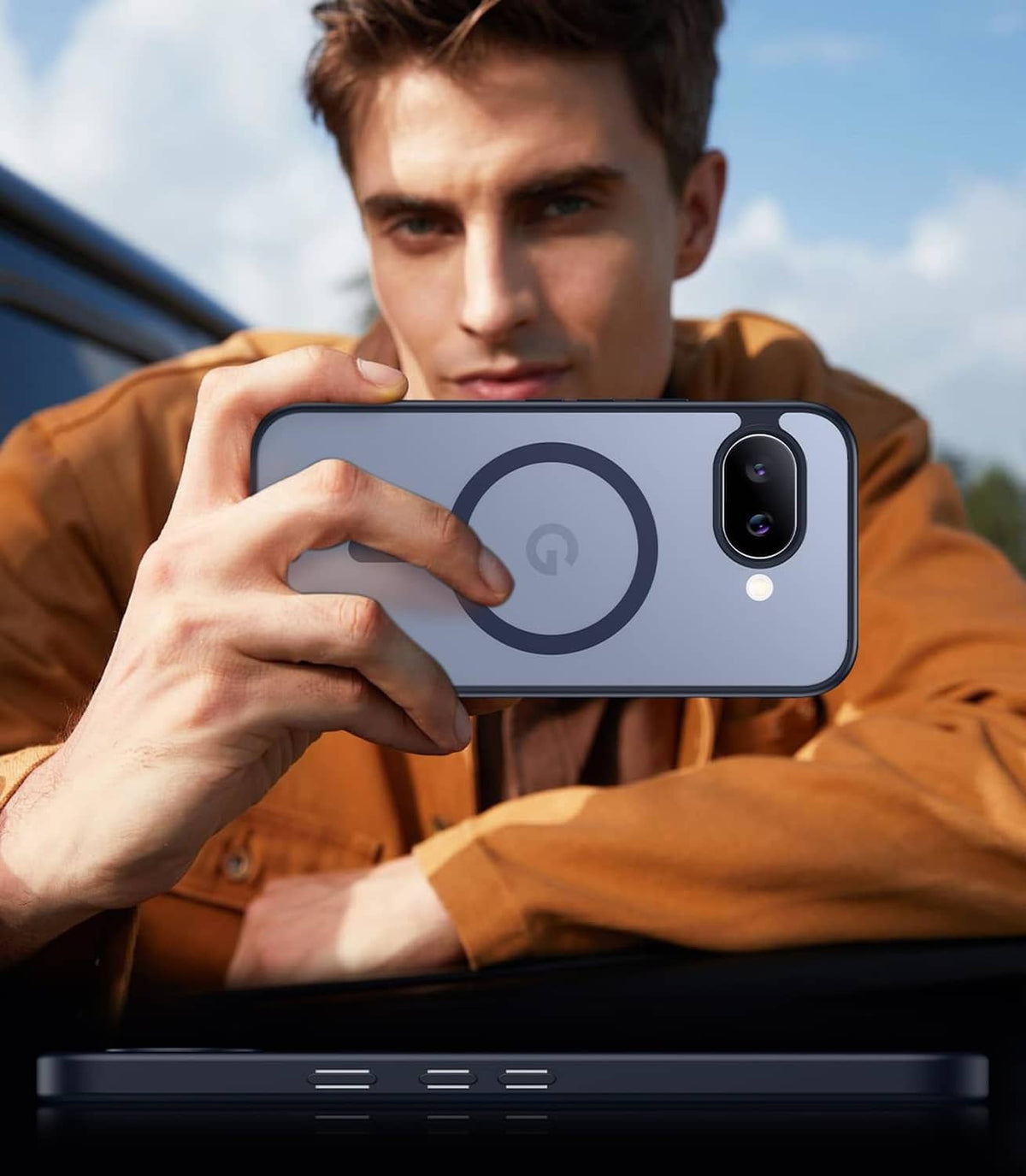 Magnetic phone case for Google Pixel 10A, light gray back with camera and ring
