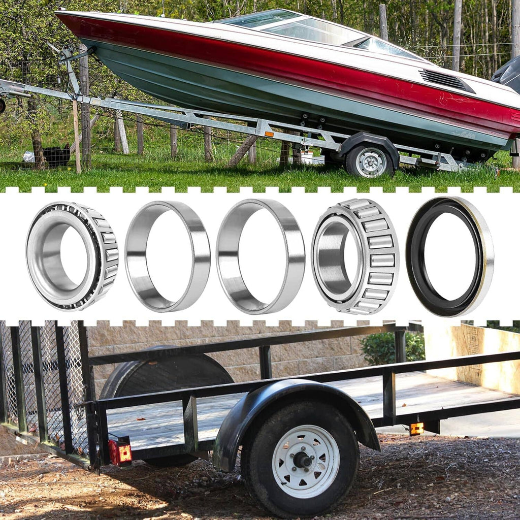 Trailer bearing kit seals set shown on boat trailer wheels with bearing components laid out