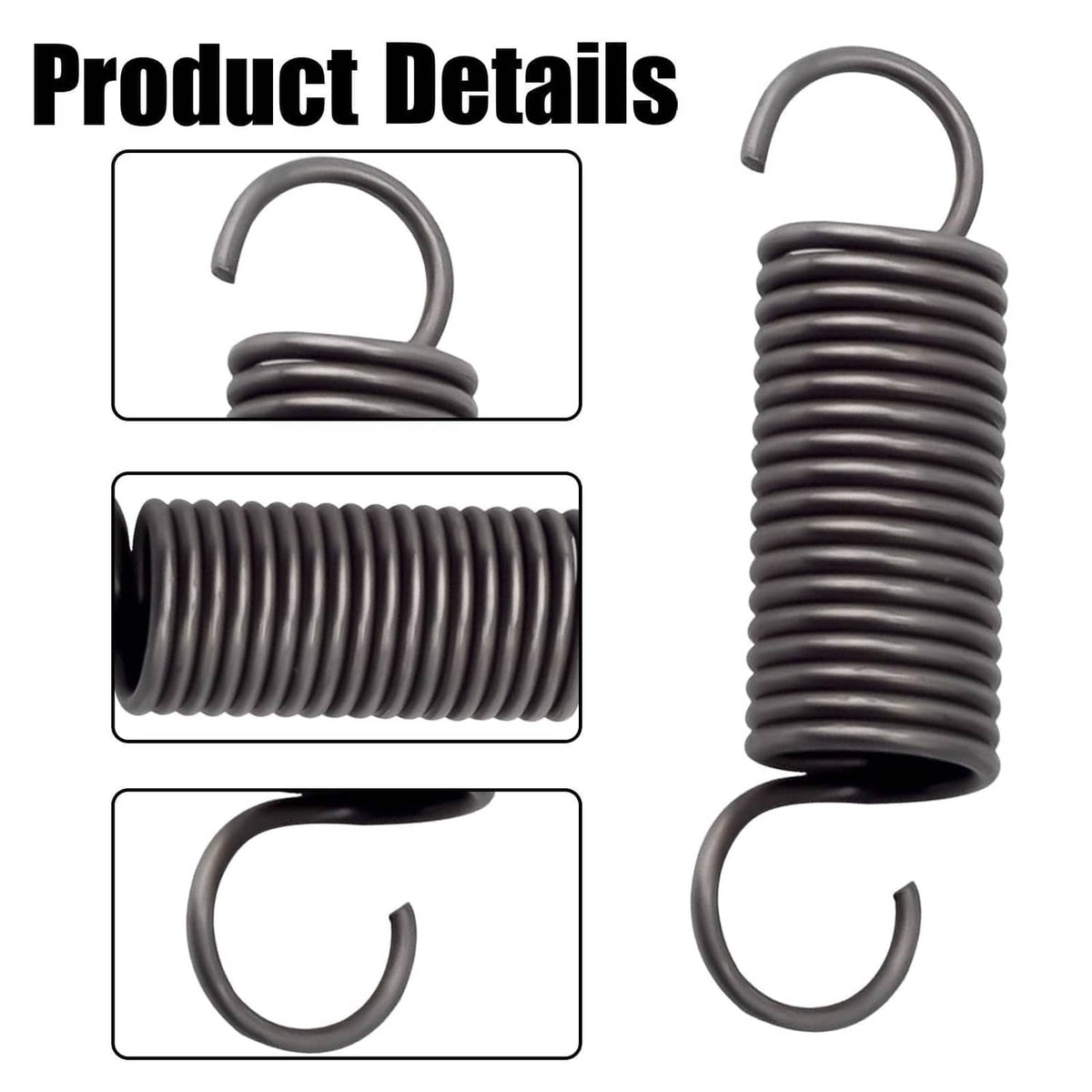 Recliner tension coil spring with short hook ends, dark gray metal, single spring