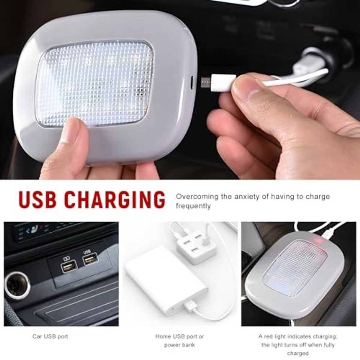 White dome LED light being charged via USB cable, compact charging setup