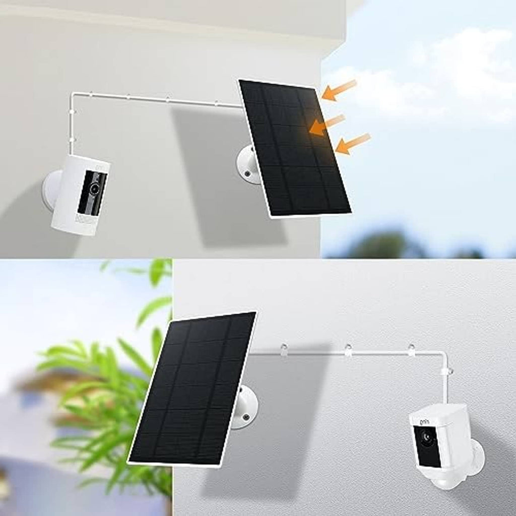 Solar panel with bracket, dark panel angled for sunlight and white camera charger hardware