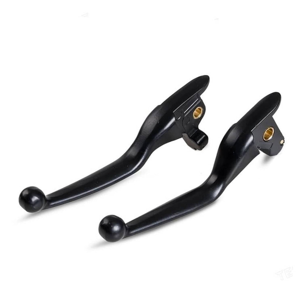 Black brake and clutch levers with ball-style tips and gold-colored mounting plates