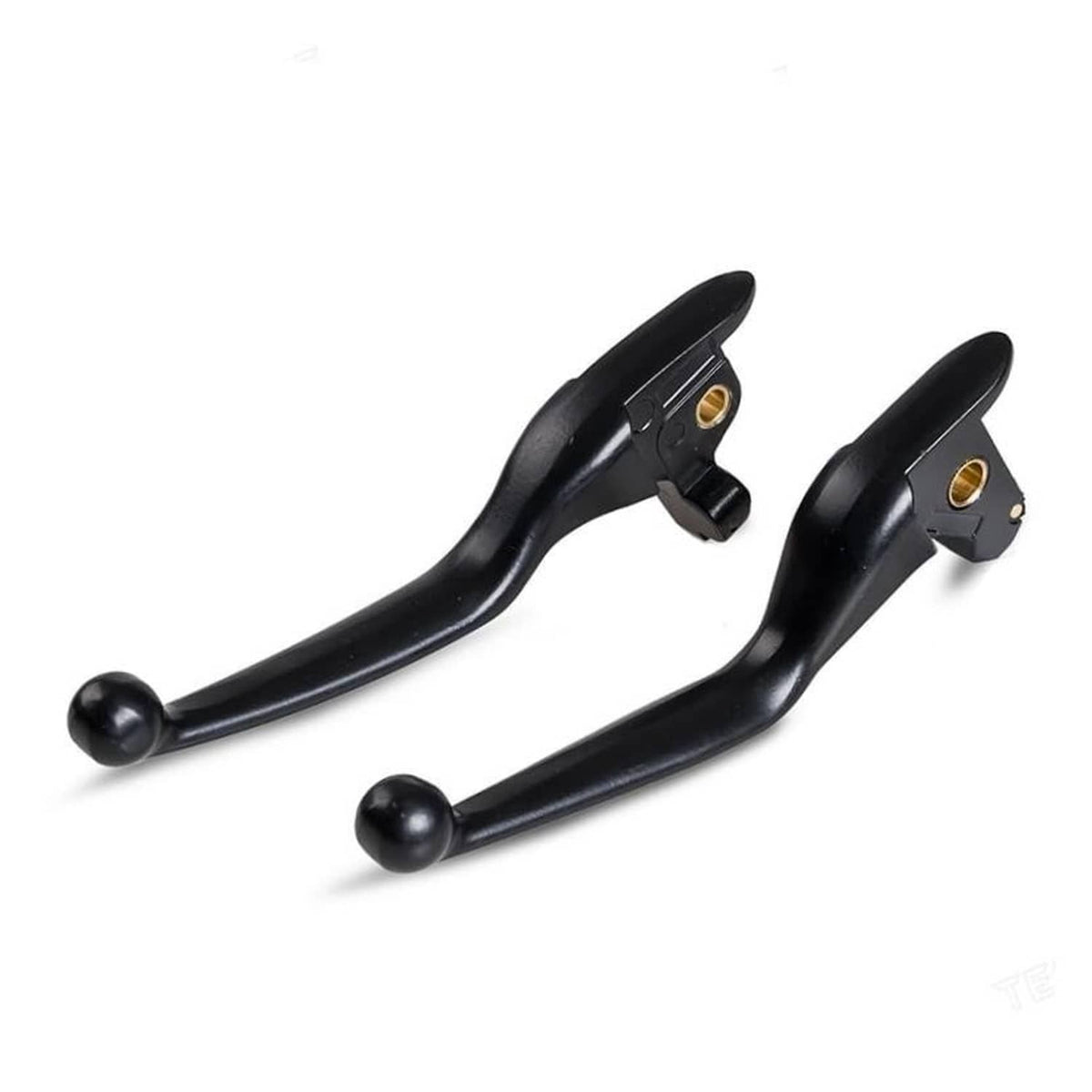 Black brake and clutch levers with ball-style tips and gold-colored mounting plates