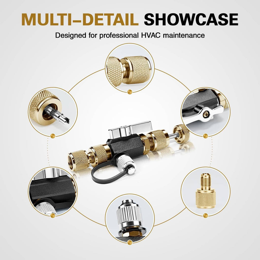 HVAC maintenance valve removal tool with chrome lever, black center, and brass knurled fittings
