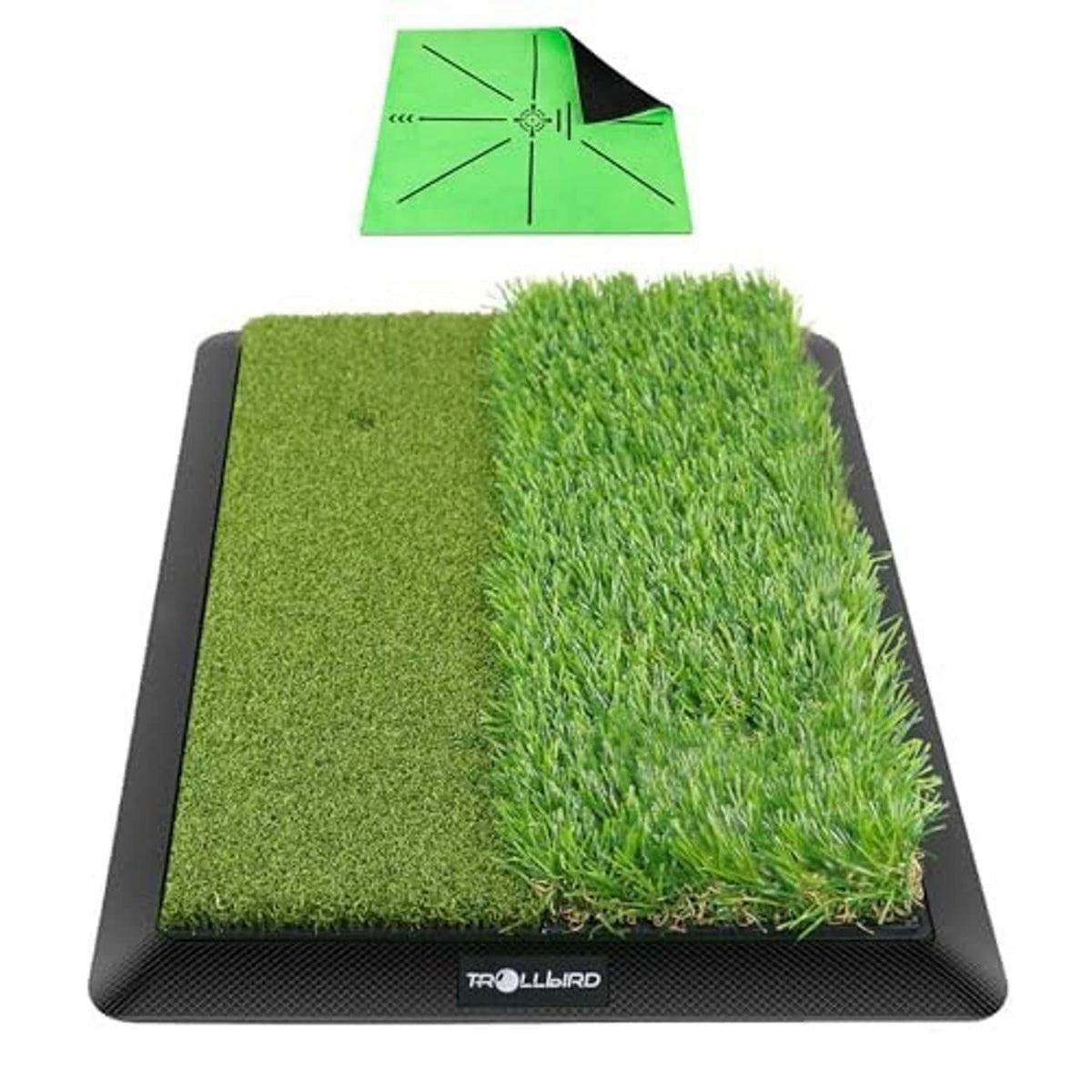 Golf hitting mat with green dual turf panels and black non-slip base with TRU-LBIRD logo