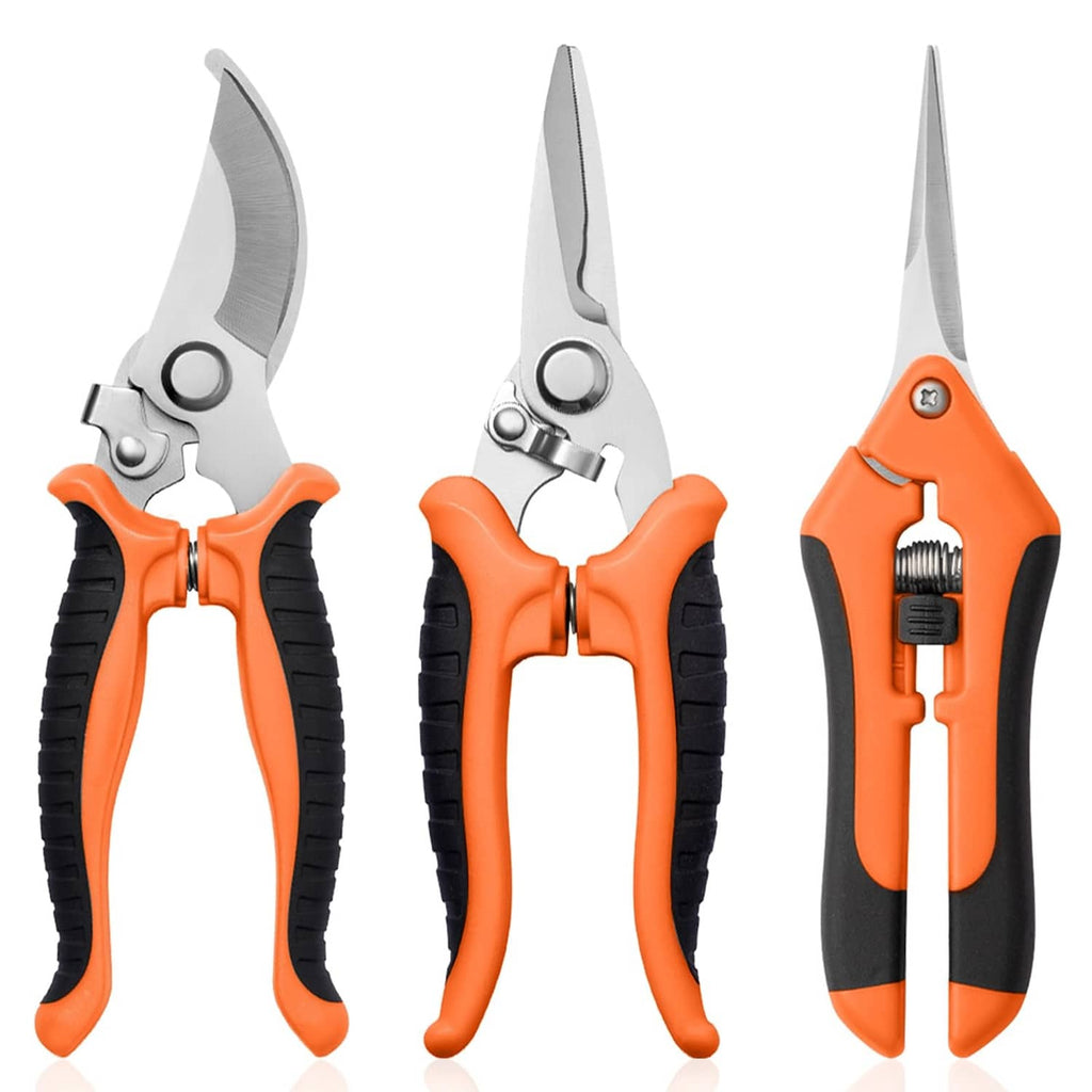 3-pack garden pruning shears with orange and black grips, stainless steel blades