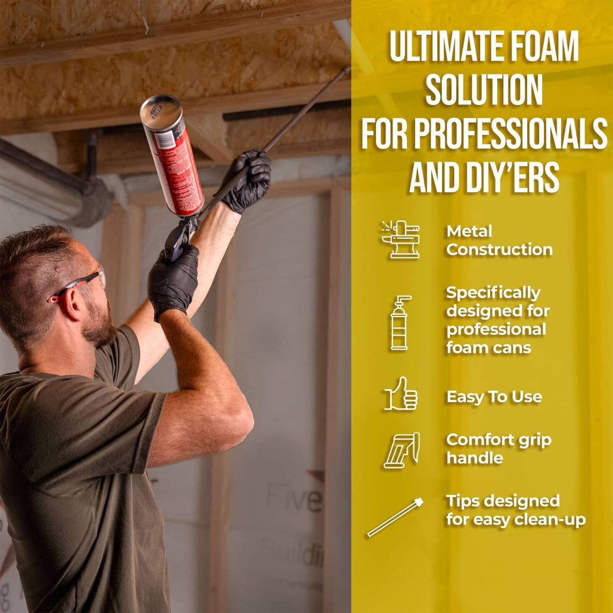 Spray foam gun dispensing sealant foam on wall with gloved hand