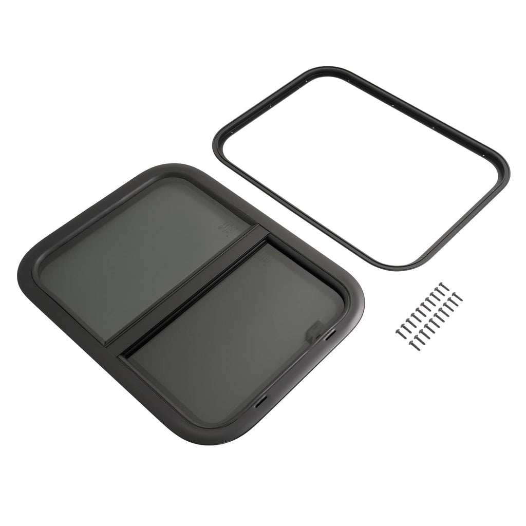 RV window frame kit with dark screen panel, screws and mounting frame