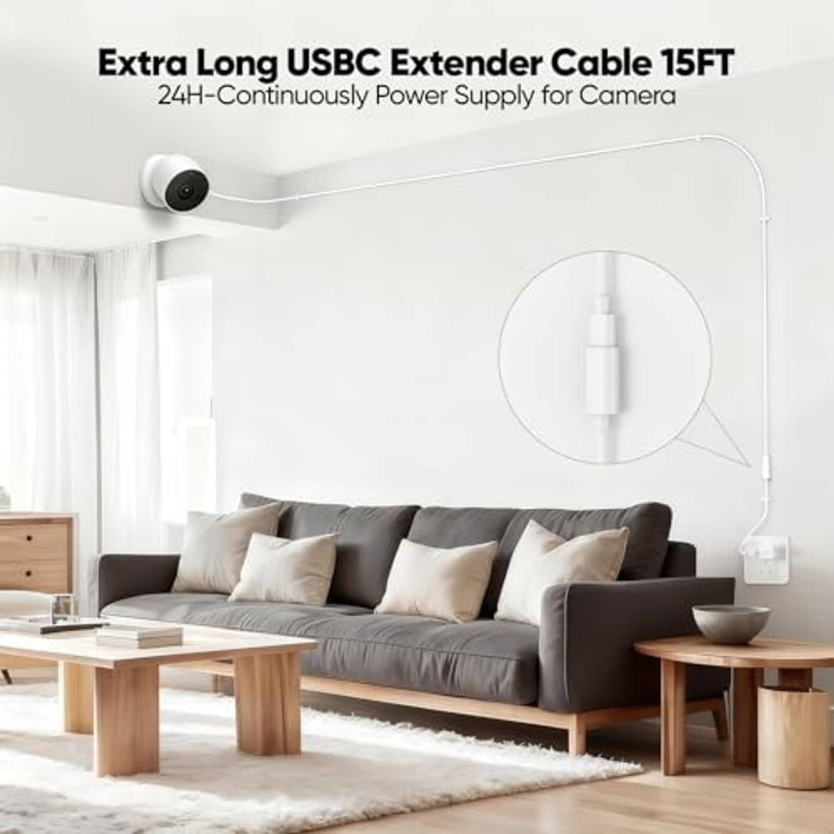 White USB-C extension cable installed on a wall outlet for long-distance charging